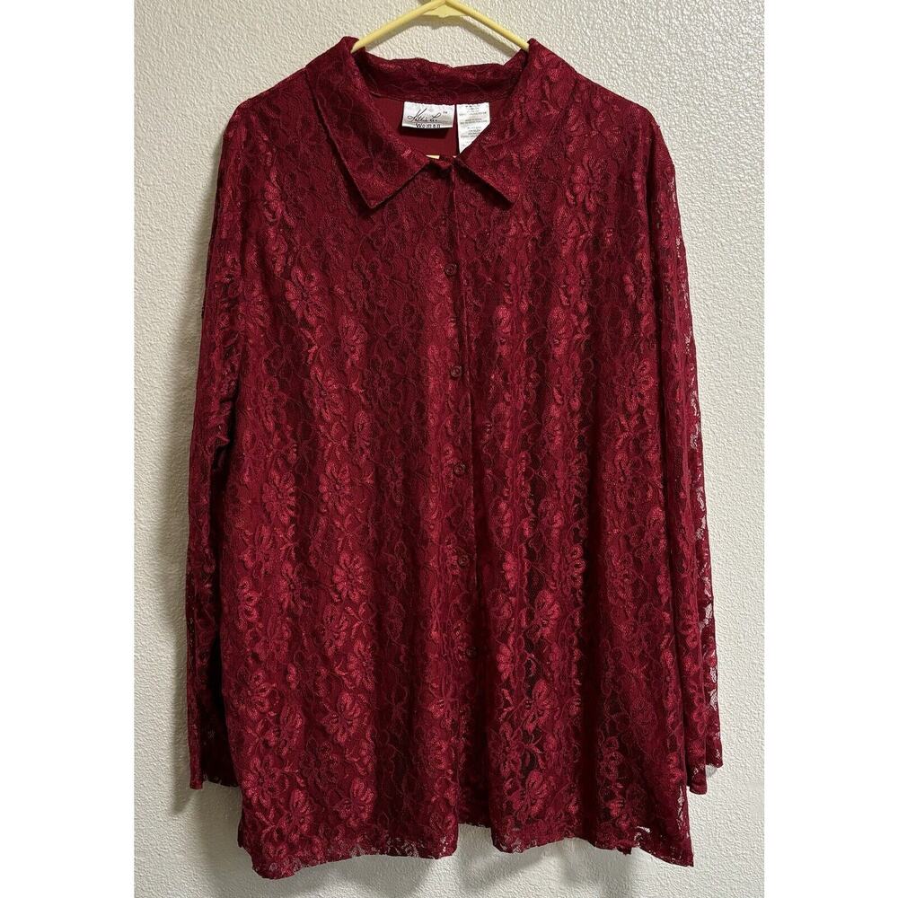 Kathy Lee Women’s Plus Size 22/24 Red Lace Overlay Lined Button Up Blouse Granny